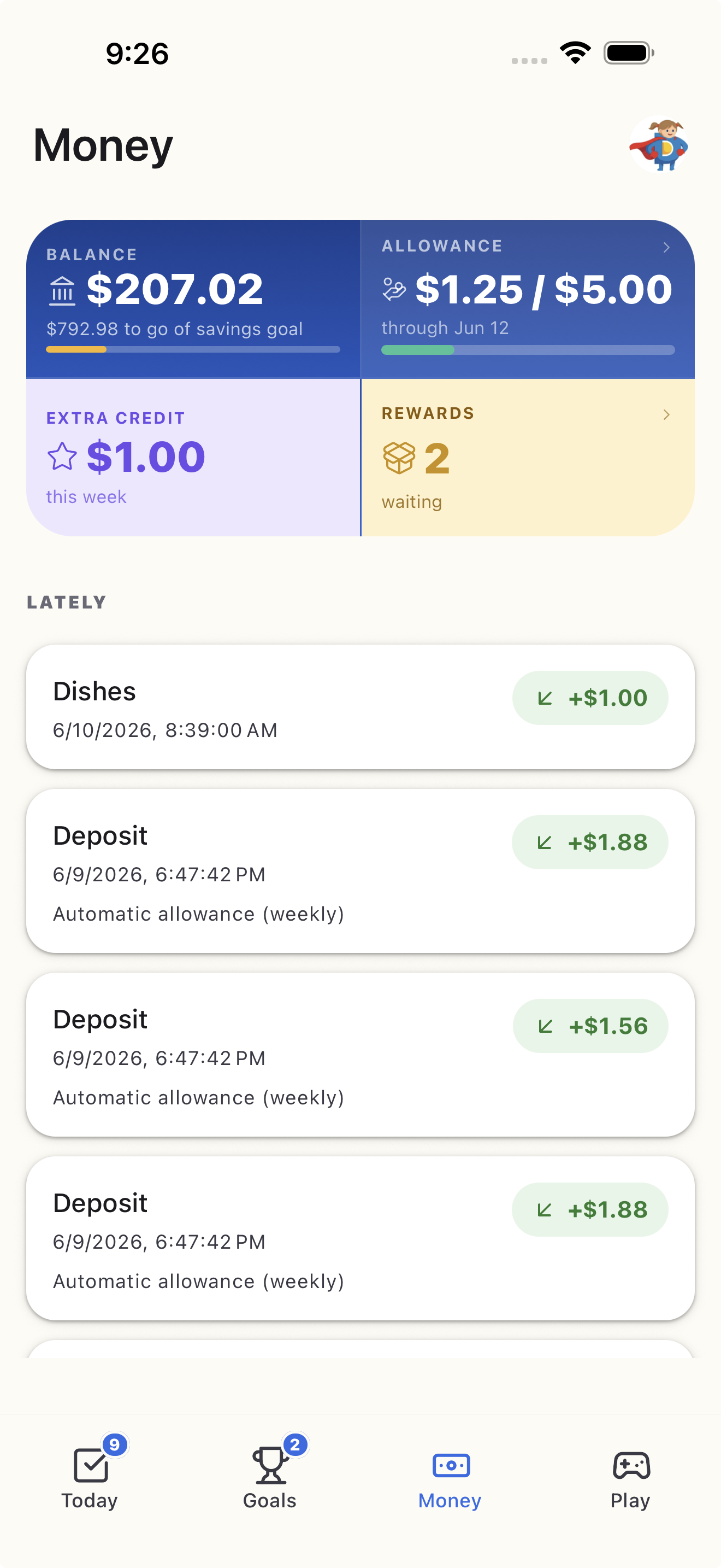 Doey Bank showing a child’s earned reward